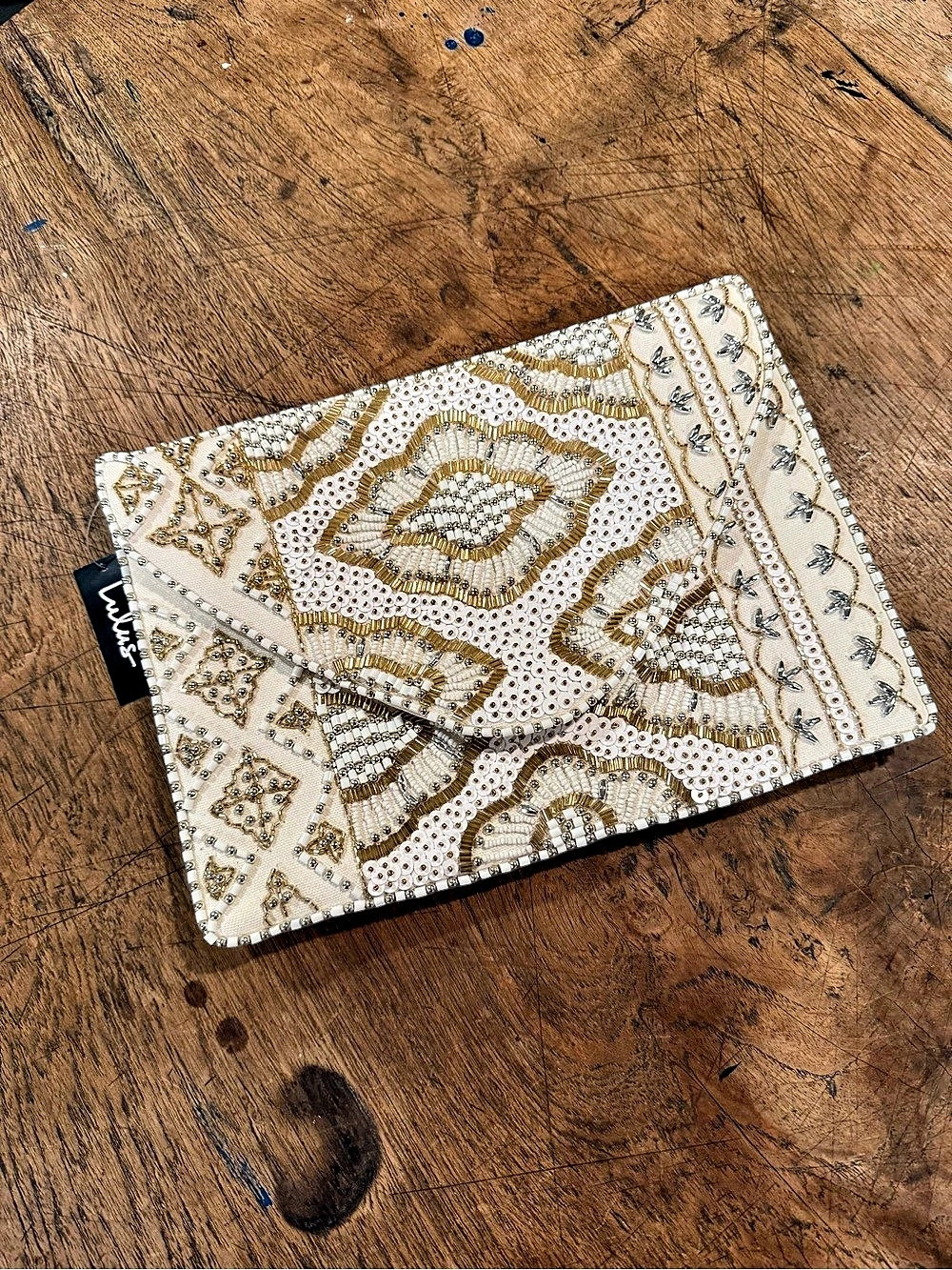 Lulus Beaded Envelope Clutch in White & Gold NWT